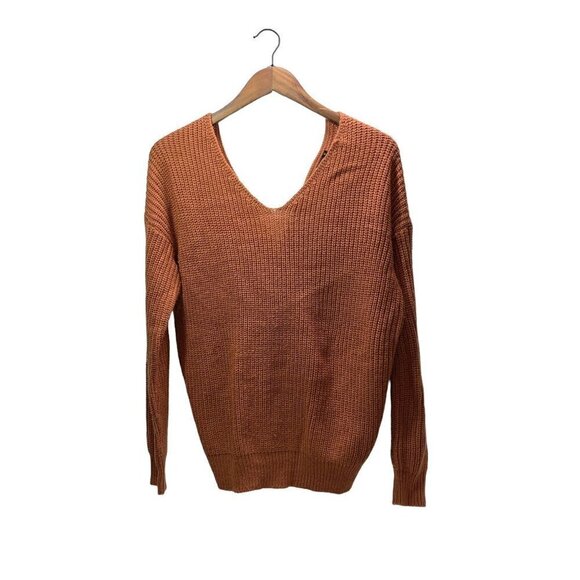 Love Tree V-Neck Knit Sweater With Rear Knot - Rust Orange, Acrylic, Size Medium - Picture 3 of 6